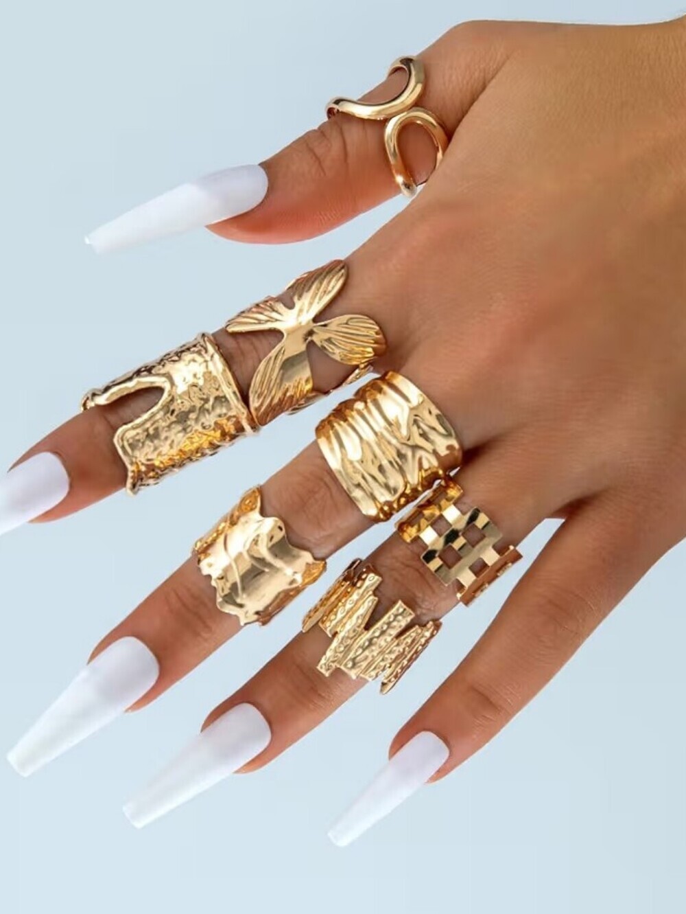 14K Gold Plated Rings Set 7 Pcs Adjustable Non Tarnish Stackable Chunky